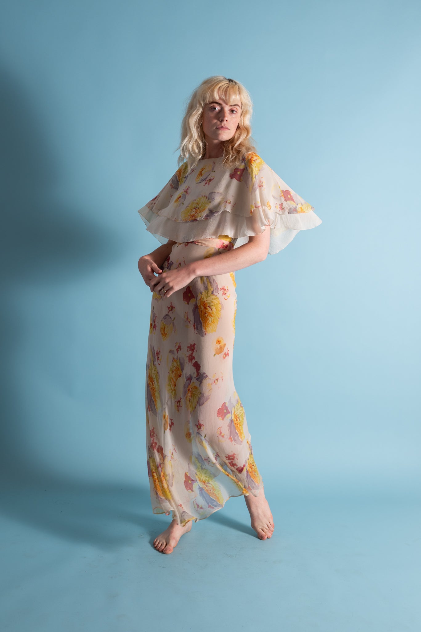 1930s Pastel Painterly Floral Silk Chiffon Gown [xs/sm]