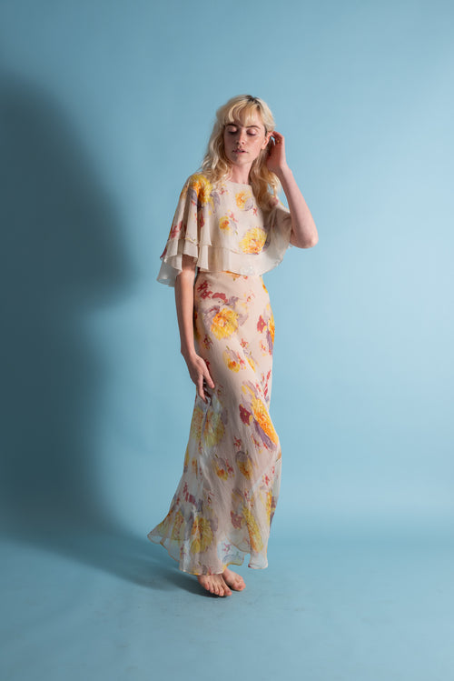 1930s Pastel Painterly Floral Silk Chiffon Gown [xs/sm]