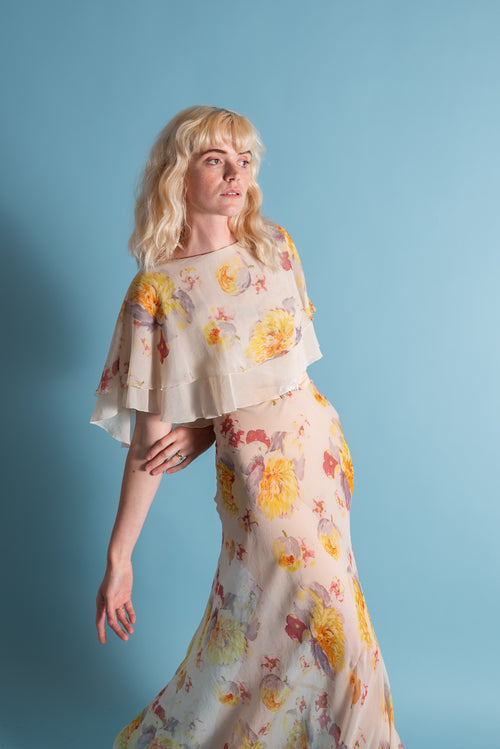 1930s Pastel Painterly Floral Silk Chiffon Gown [xs/sm]