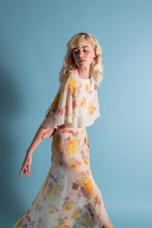 1930s Pastel Painterly Floral Silk Chiffon Gown [xs/sm]