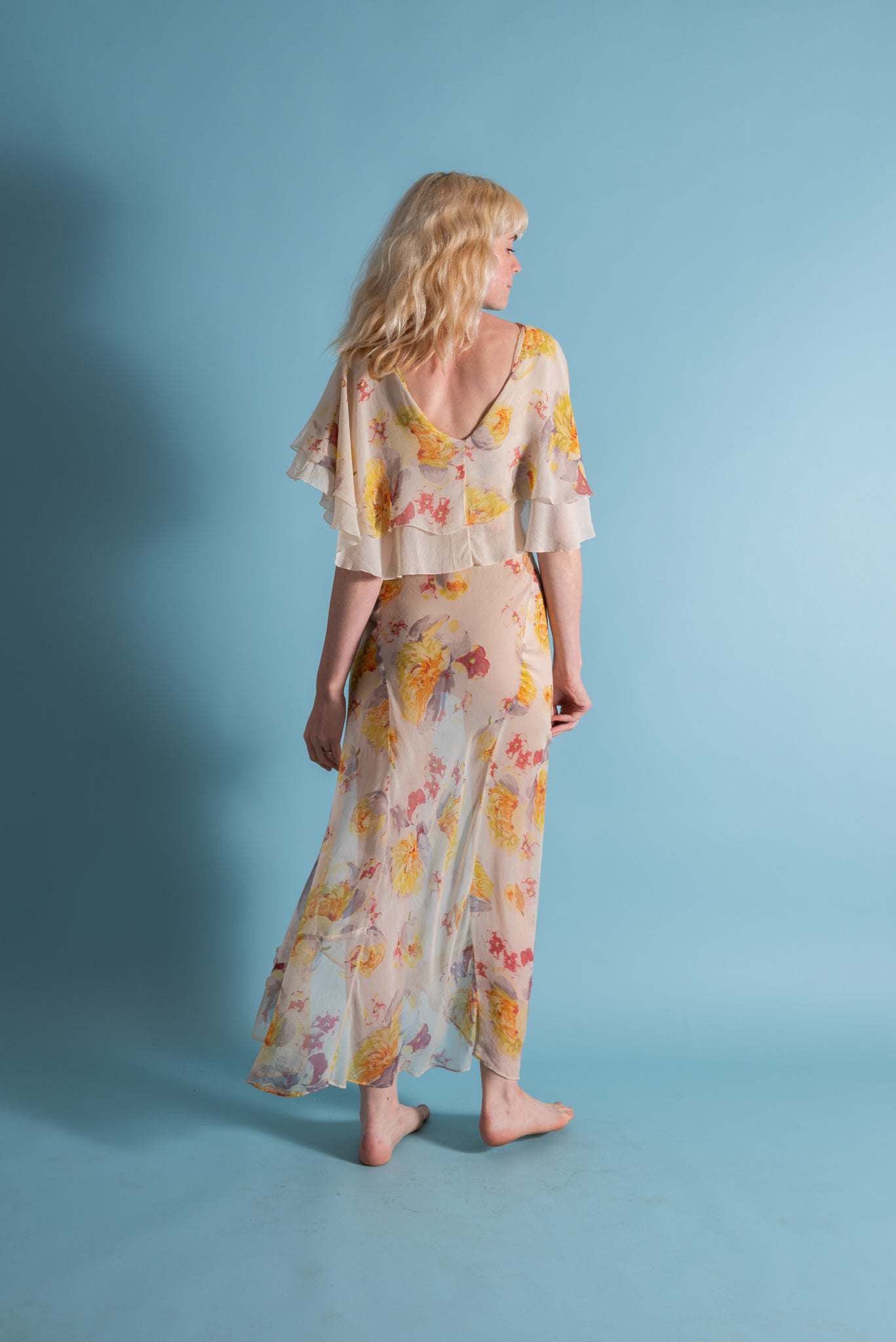 1930s Pastel Painterly Floral Silk Chiffon Gown [xs/sm]