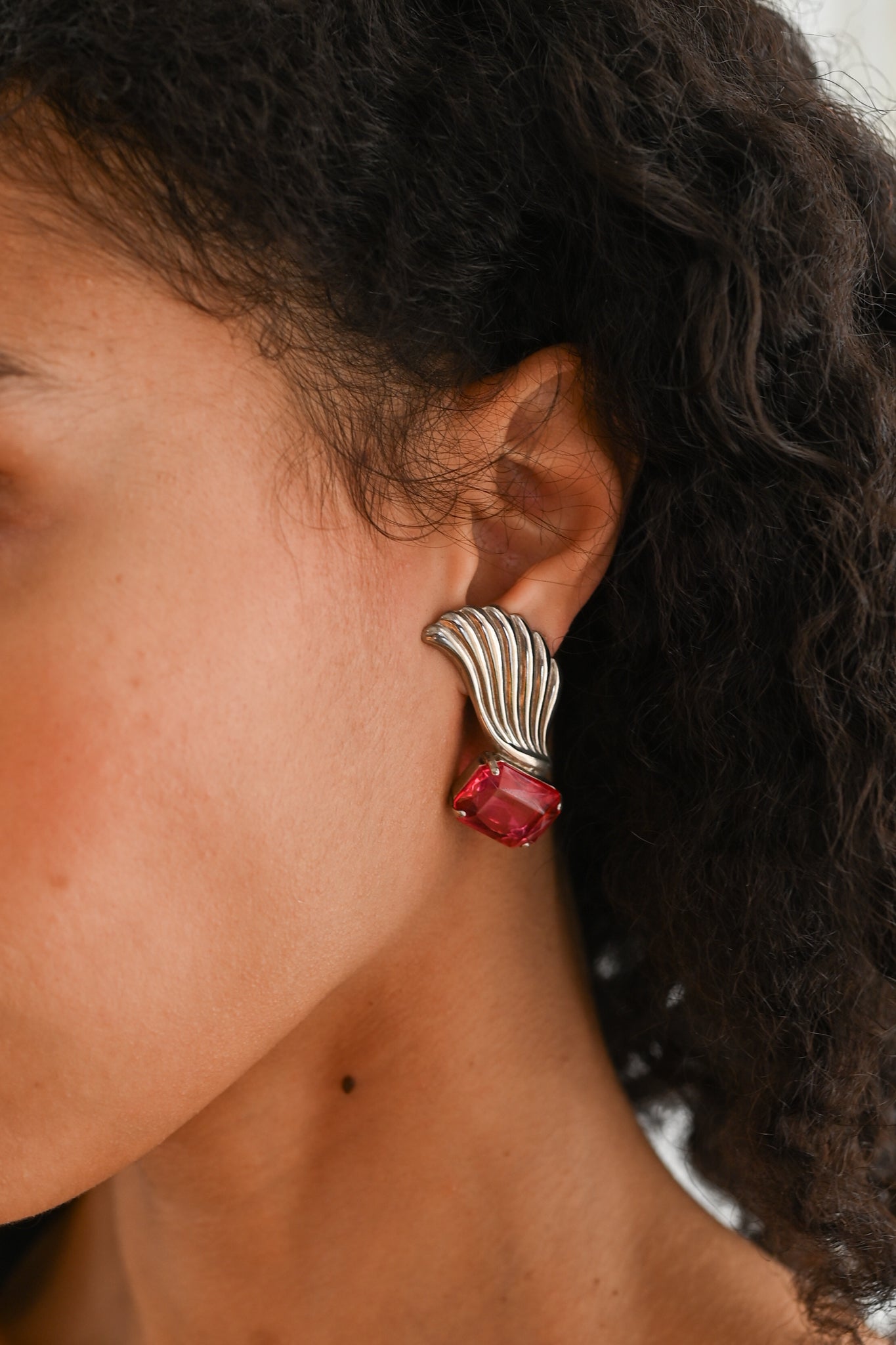 1940s Cerise Paste Winged Clip On Earrings