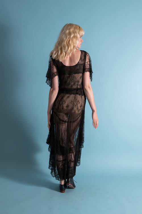 1920s Silk Chantilly Lace Tiered Gown [xs/sm]