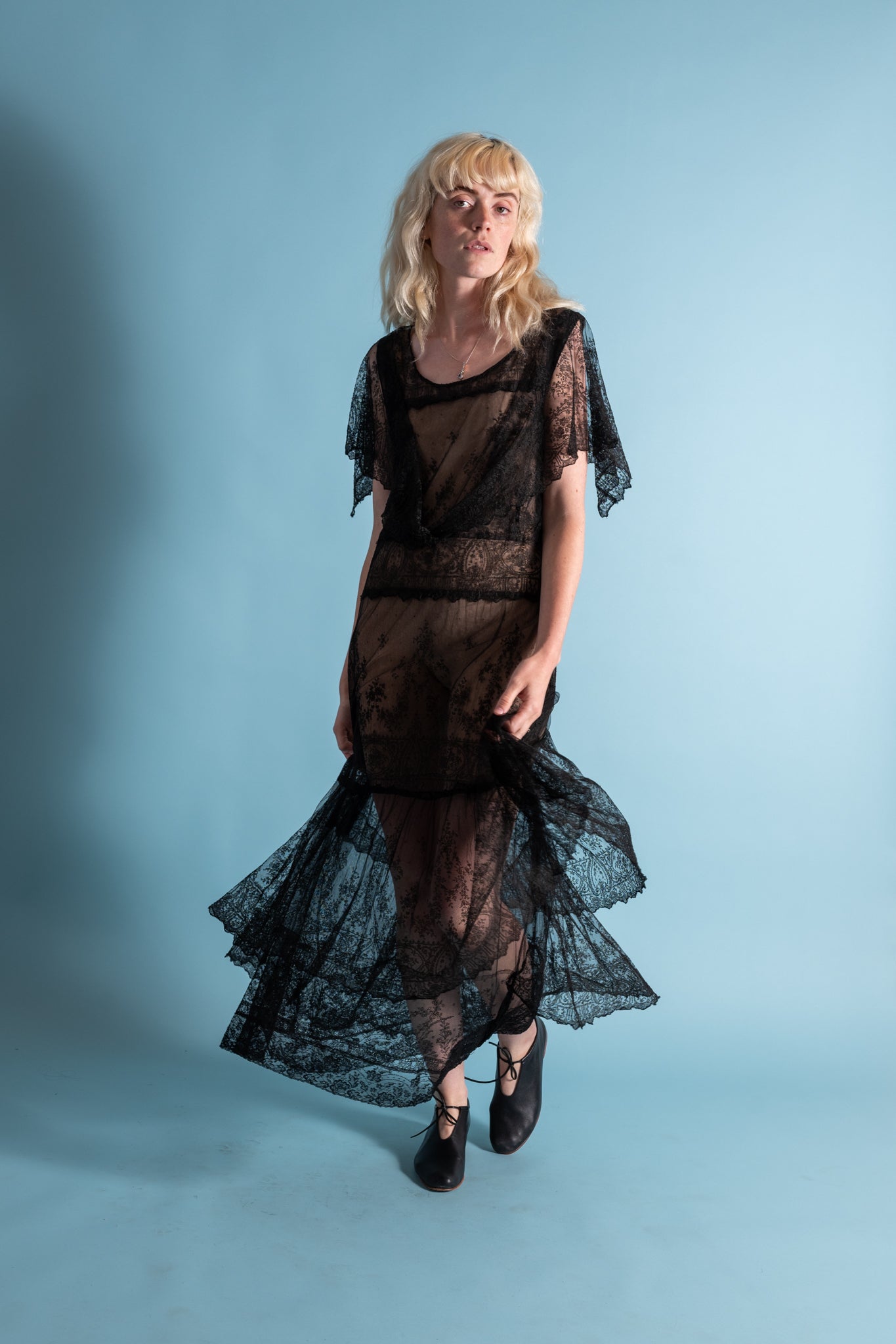 1920s Silk Chantilly Lace Tiered Gown [xs/sm]