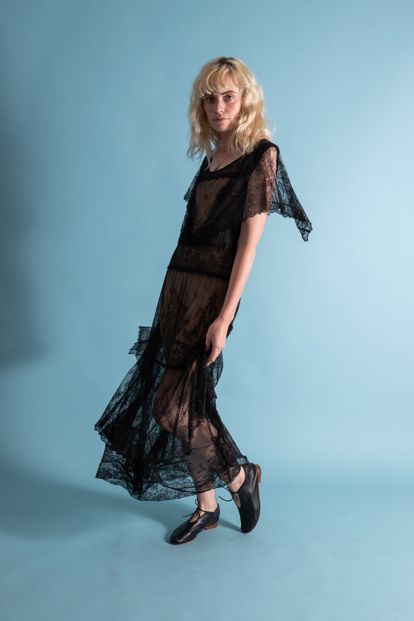 1920s Silk Chantilly Lace Tiered Gown [xs/sm]