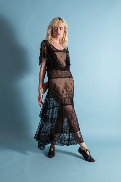 1920s Silk Chantilly Lace Tiered Gown [xs/sm]