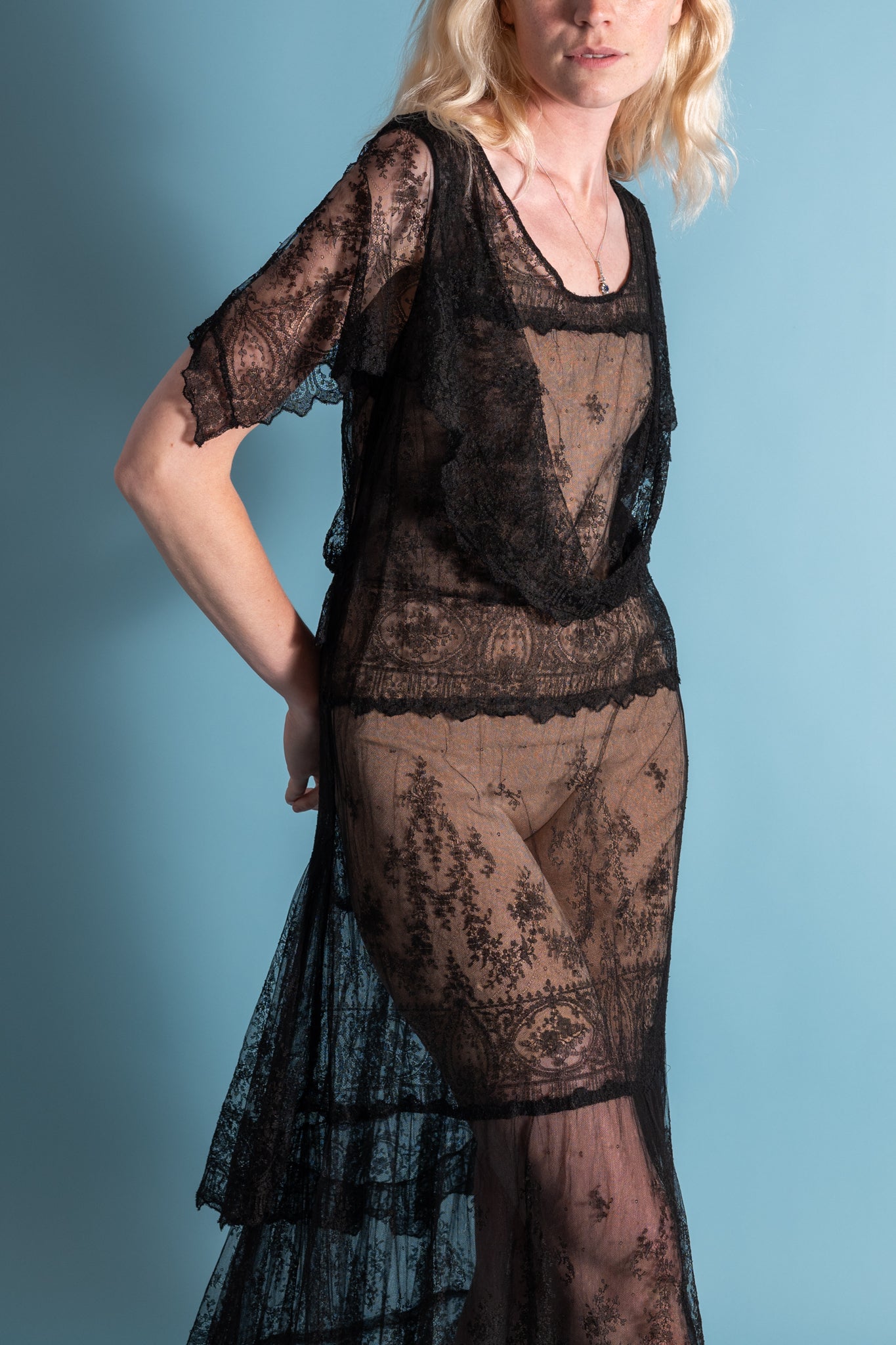 1920s Silk Chantilly Lace Tiered Gown [xs/sm]  Demetra Vintage