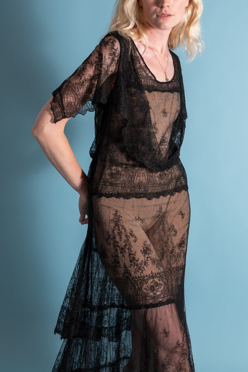 1920s Silk Chantilly Lace Tiered Gown [xs/sm]