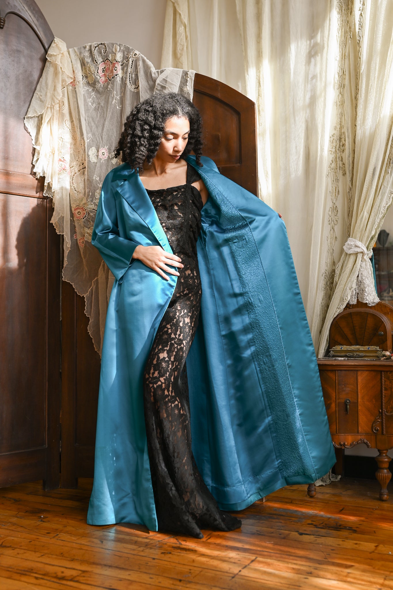 1950s Teal Duchesse Silk Opera Coat