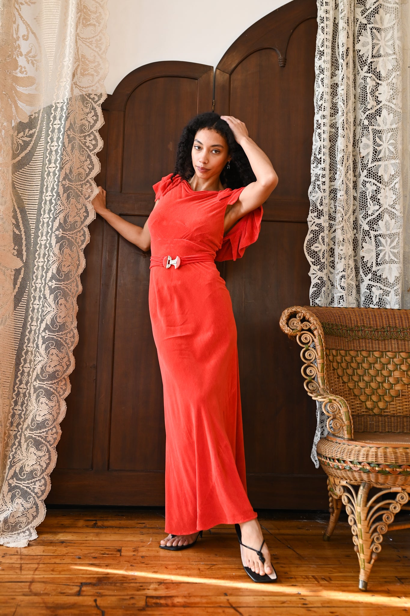 1930s Scarlet Terry Velvet Bias Cut Gown