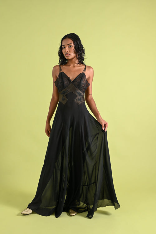 1940's Lucie Ann Silk Chiffon Lace Appliqué Gown [xs/sm]