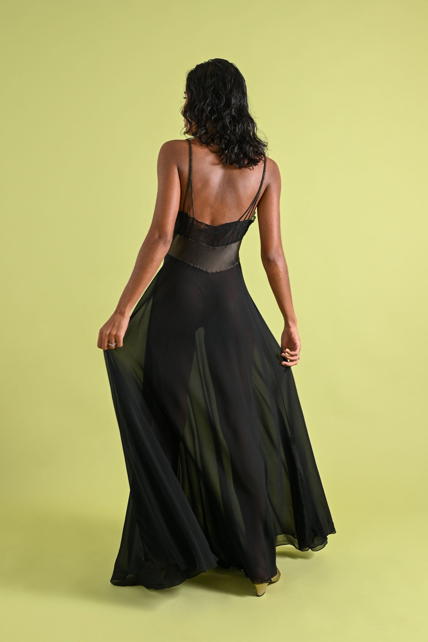 1940's Lucie Ann Silk Chiffon Lace Appliqué Gown [xs/sm]