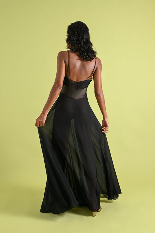 1940's Lucie Ann Silk Chiffon Lace Appliqué Gown [xs/sm]