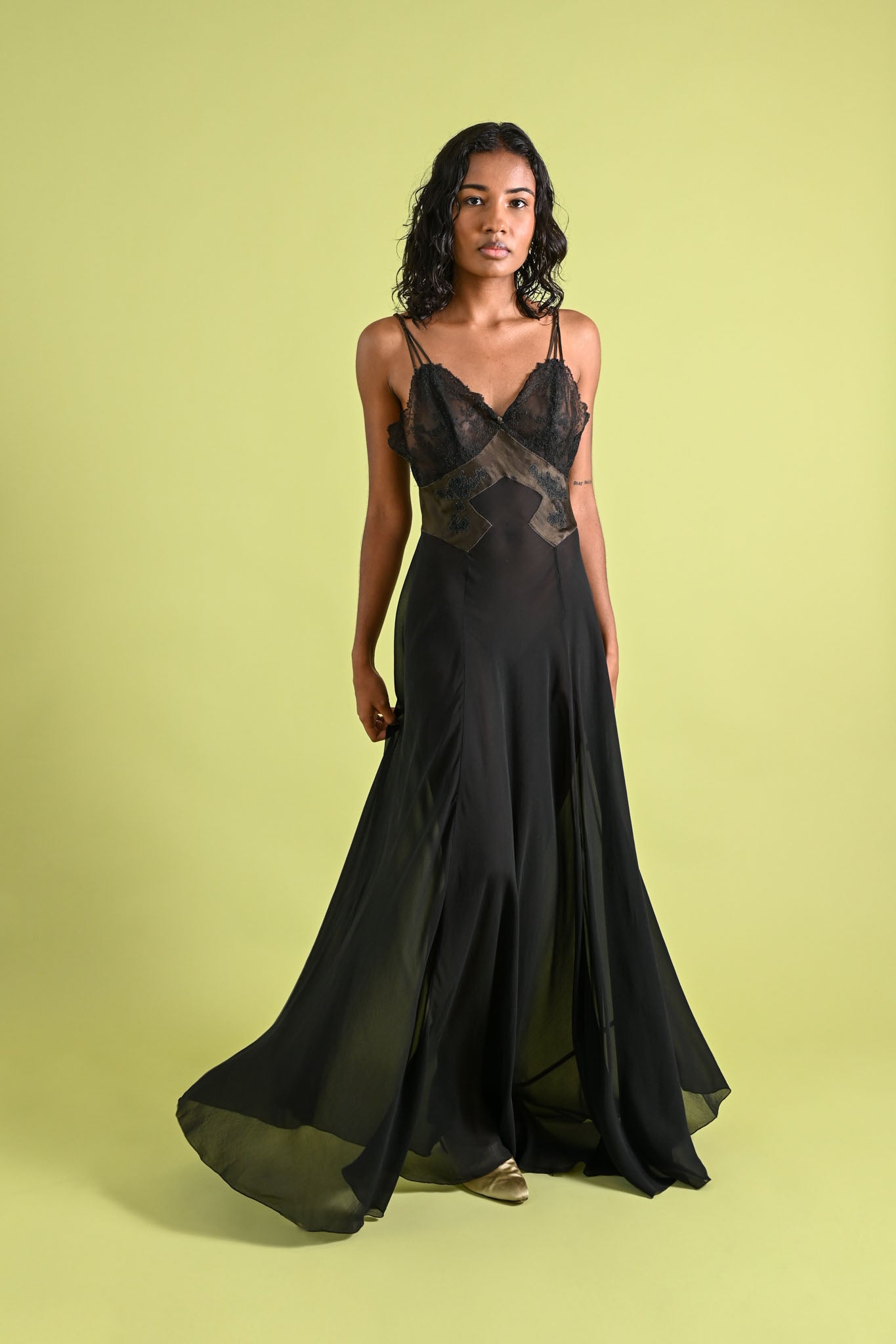 1940's Lucie Ann Silk Chiffon Lace Appliqué Gown [xs/sm]