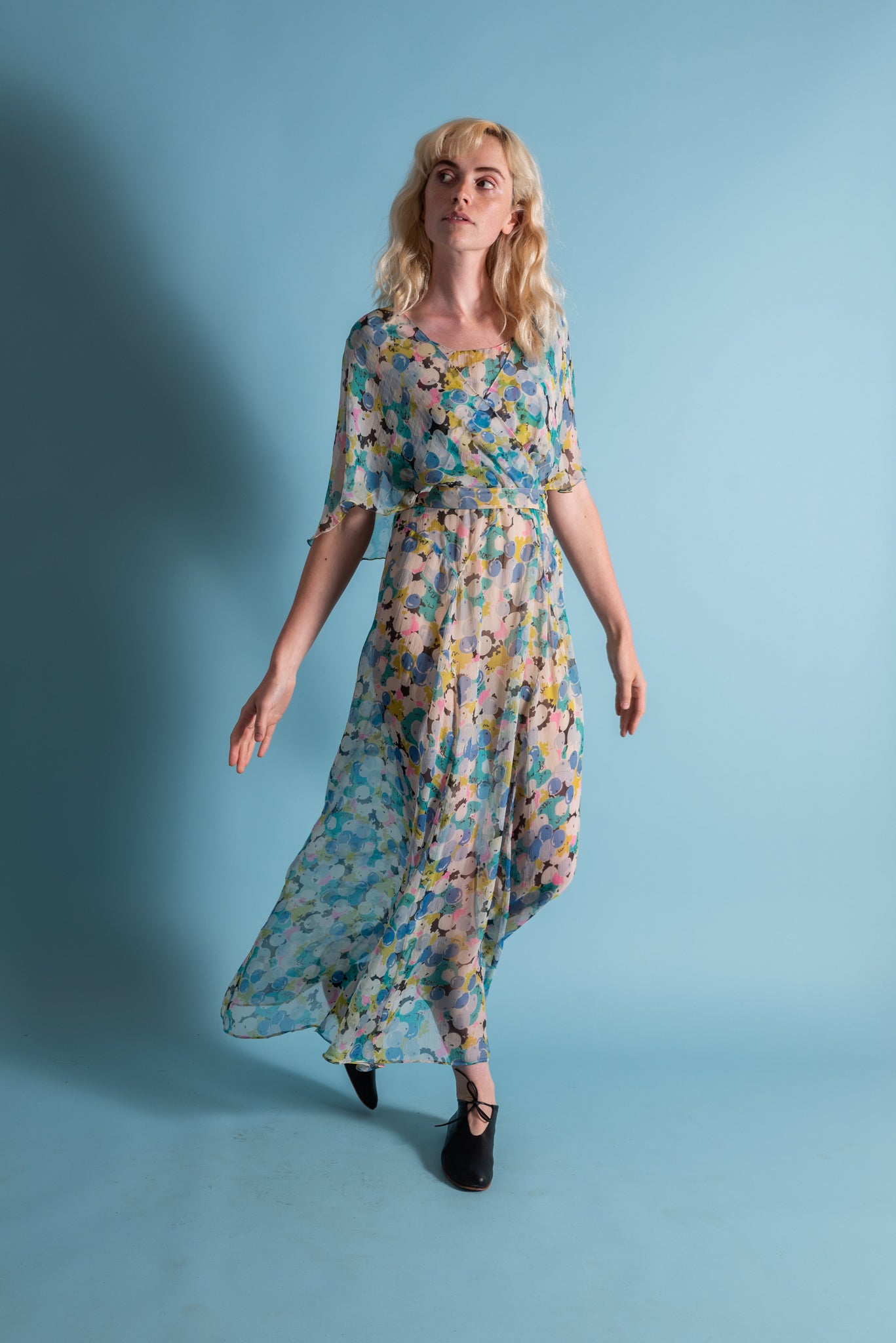 1930s Blueberry Silk Chiffon Capelet Gown [med/lrg/xl]