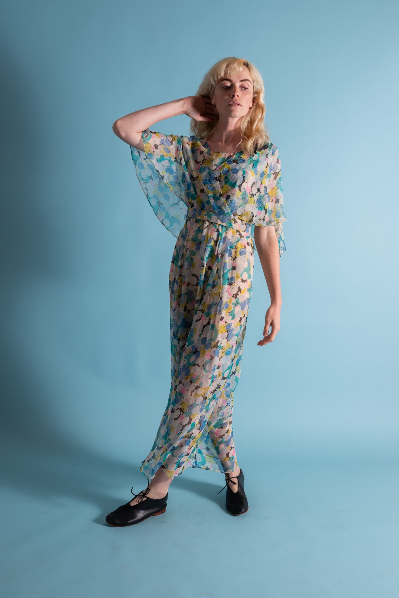 1930s Blueberry Silk Chiffon Capelet Gown [med/lrg/xl]