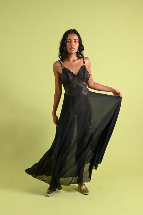 1940's Lucie Ann Silk Chiffon Lace Appliqué Gown [xs/sm]