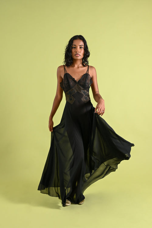 1940's Lucie Ann Silk Chiffon Lace Appliqué Gown [xs/sm]