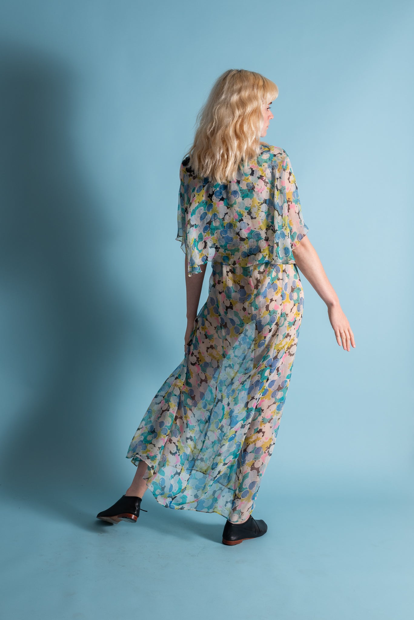 1930s Blueberry Silk Chiffon Capelet Gown [med/lrg/xl]
