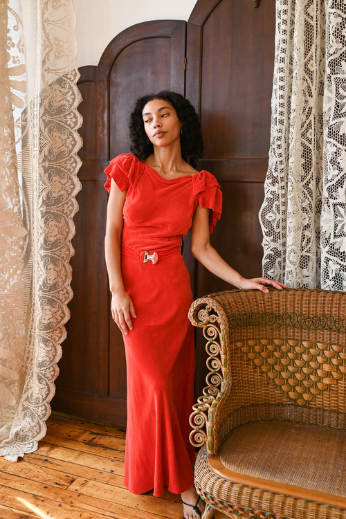 1930s Scarlet Terry Velvet Bias Cut Gown