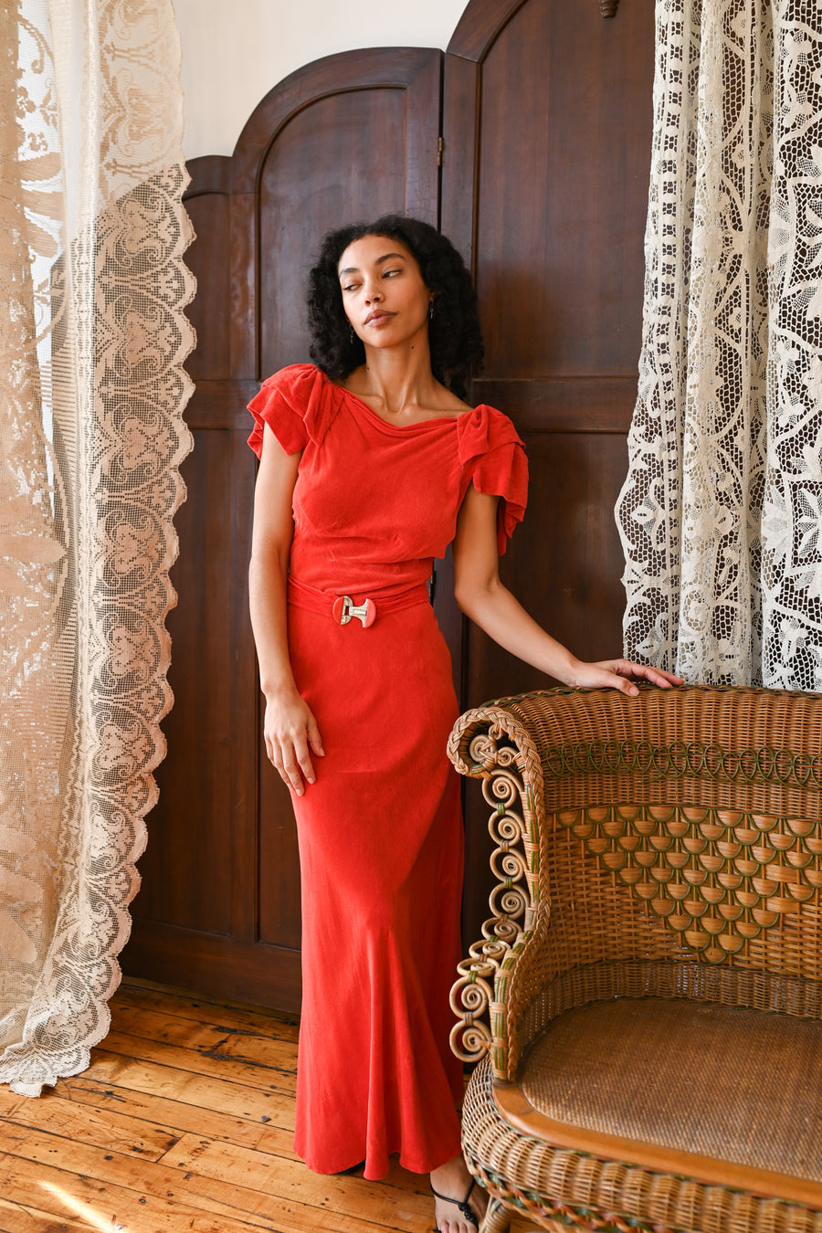 1930s Scarlet Terry Velvet Bias Cut Gown