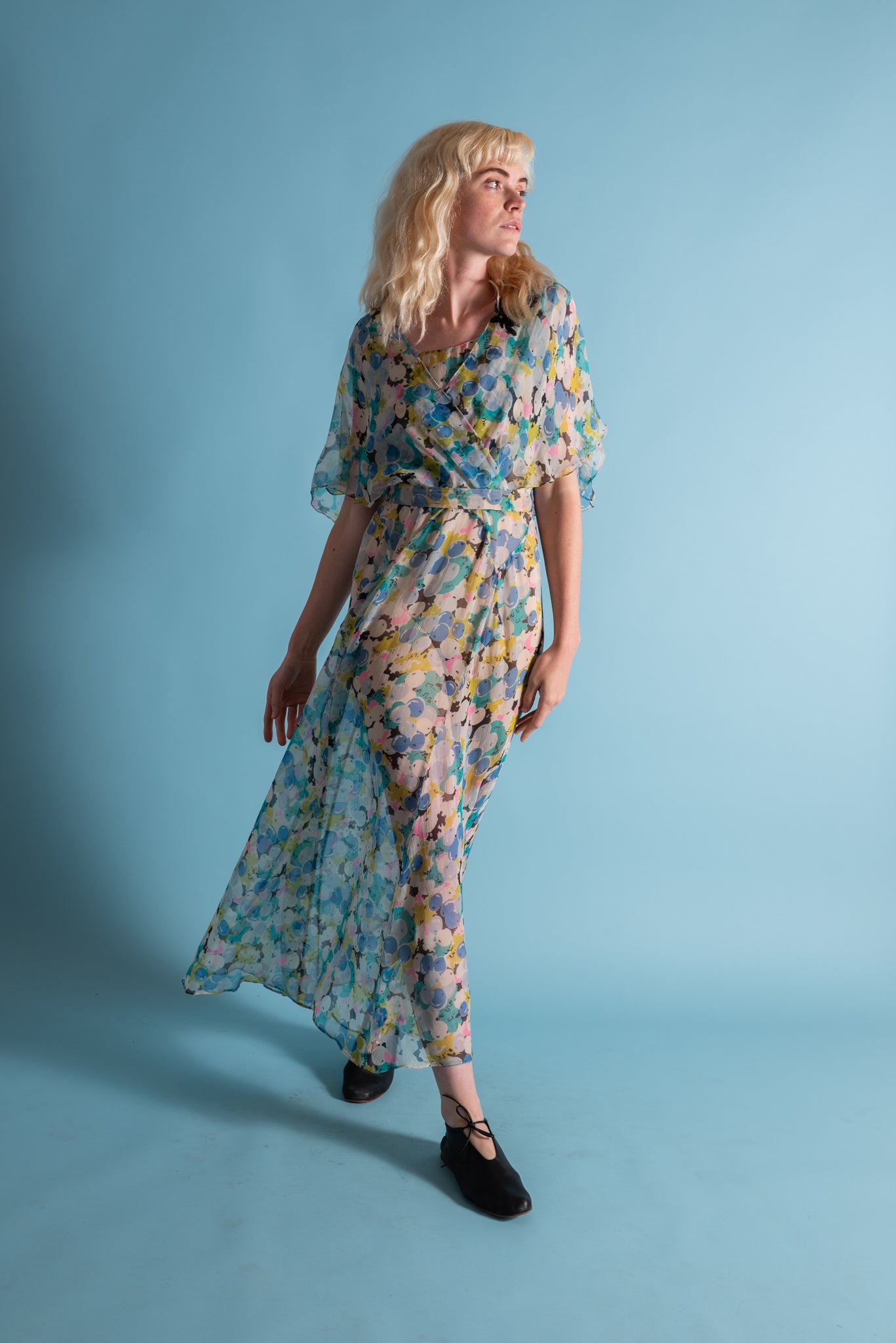 1930s Blueberry Silk Chiffon Capelet Gown [med/lrg/xl]