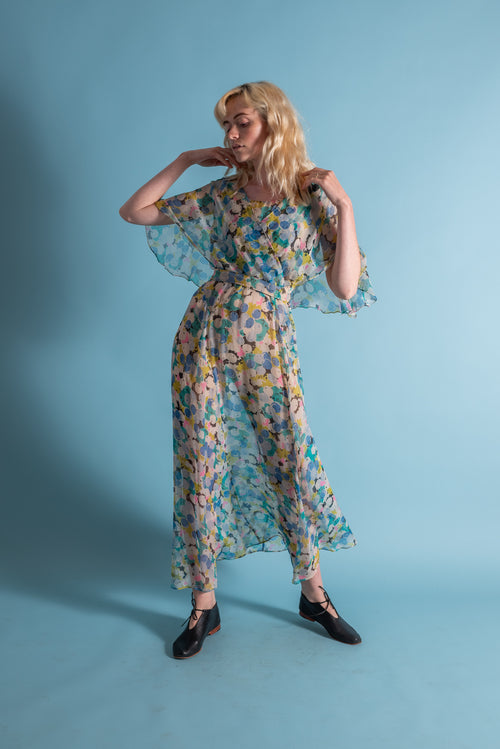 1930s Blueberry Silk Chiffon Capelet Gown [med/lrg/xl]