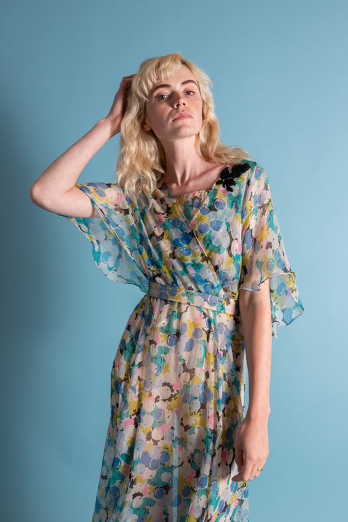 1930s Blueberry Silk Chiffon Capelet Gown [med/lrg/xl]