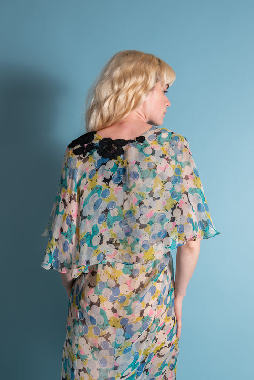 1930s Blueberry Silk Chiffon Capelet Gown [med/lrg/xl]