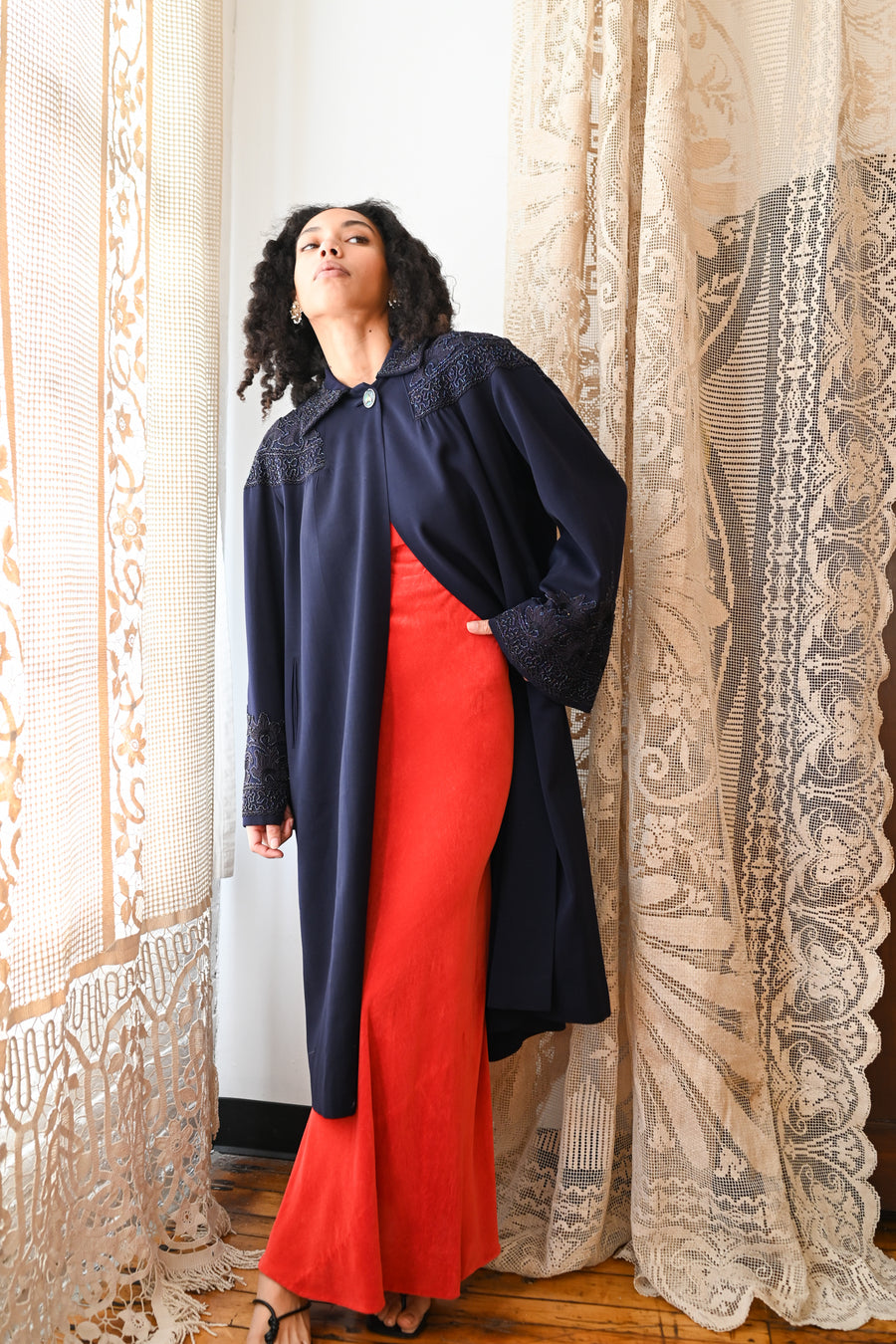 1940s Black Iris Beaded Soutache Swing Coat