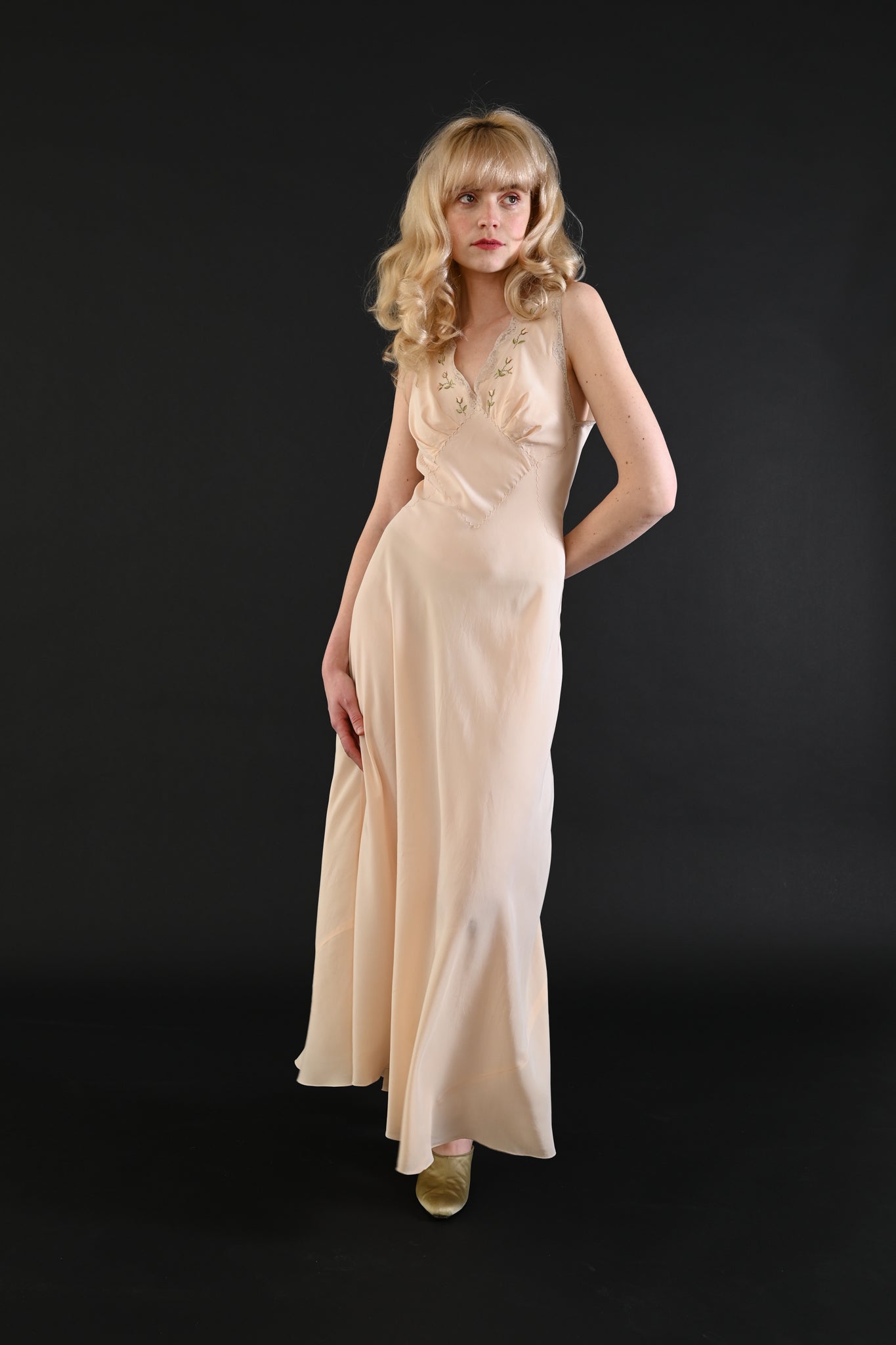 1930s Rose Embroidered Silk Gown [xs/sm]