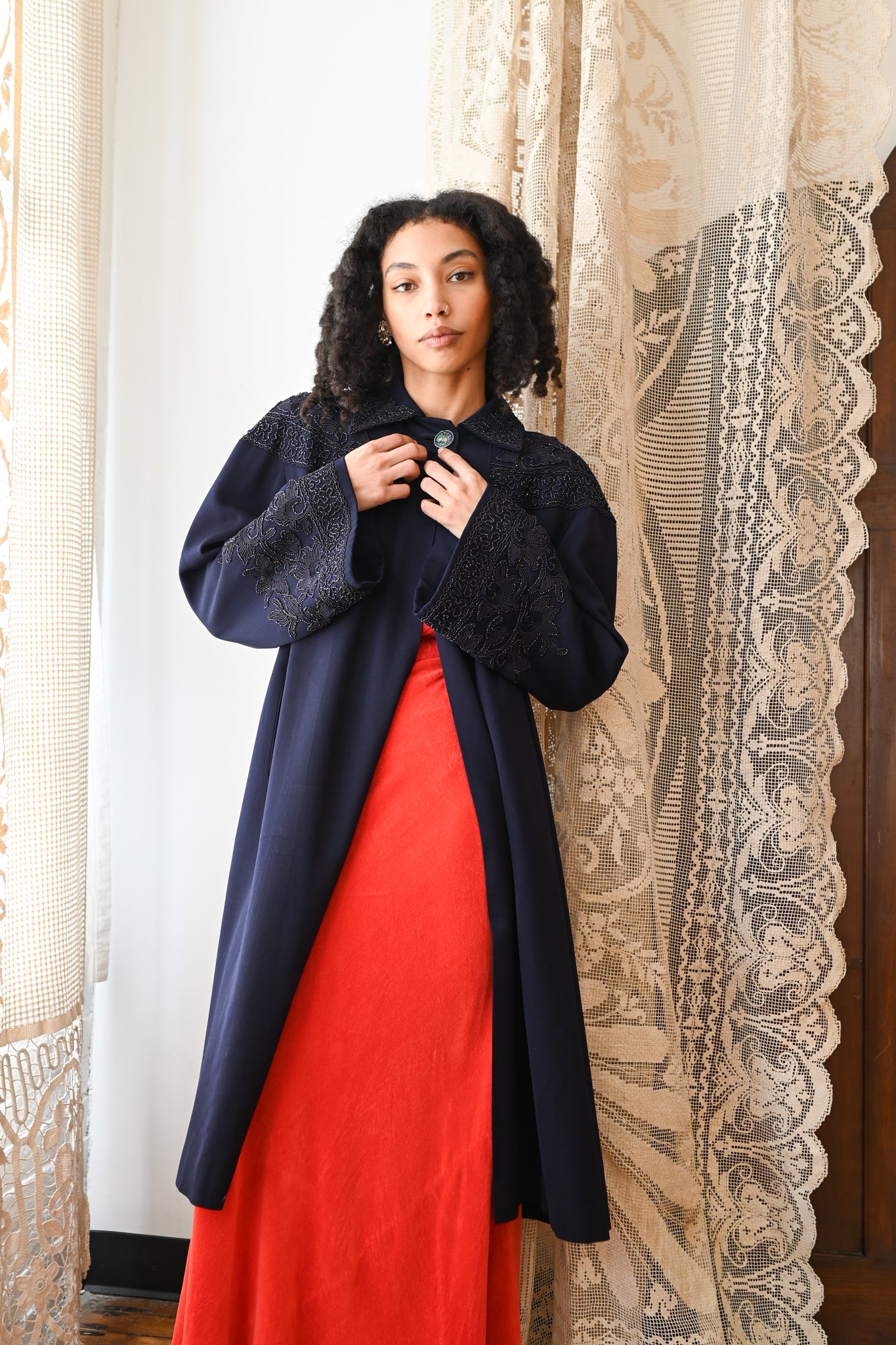 1940s Black Iris Beaded Soutache Swing Coat