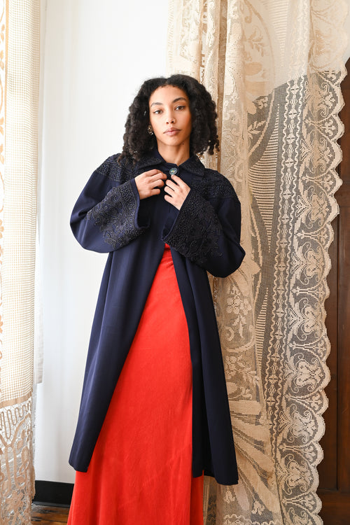 1940s Black Iris Beaded Soutache Swing Coat