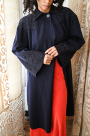 1940s Black Iris Beaded Soutache Swing Coat