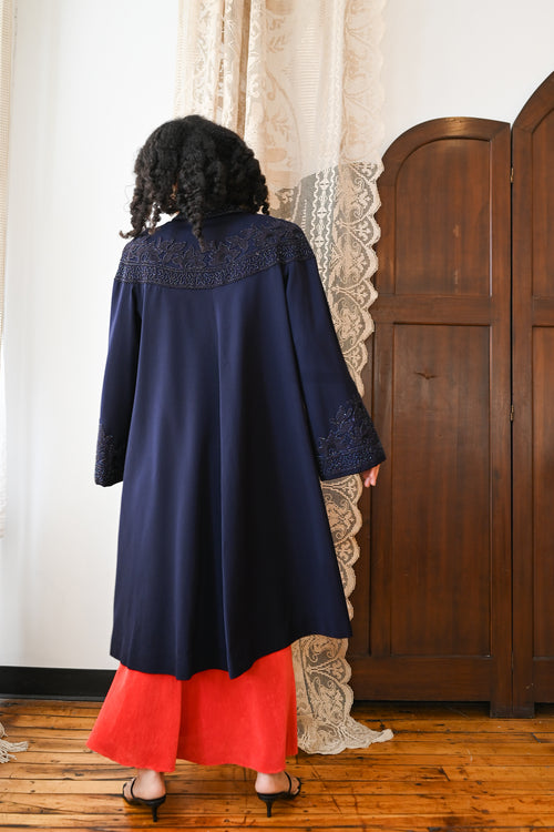 1940s Black Iris Beaded Soutache Swing Coat