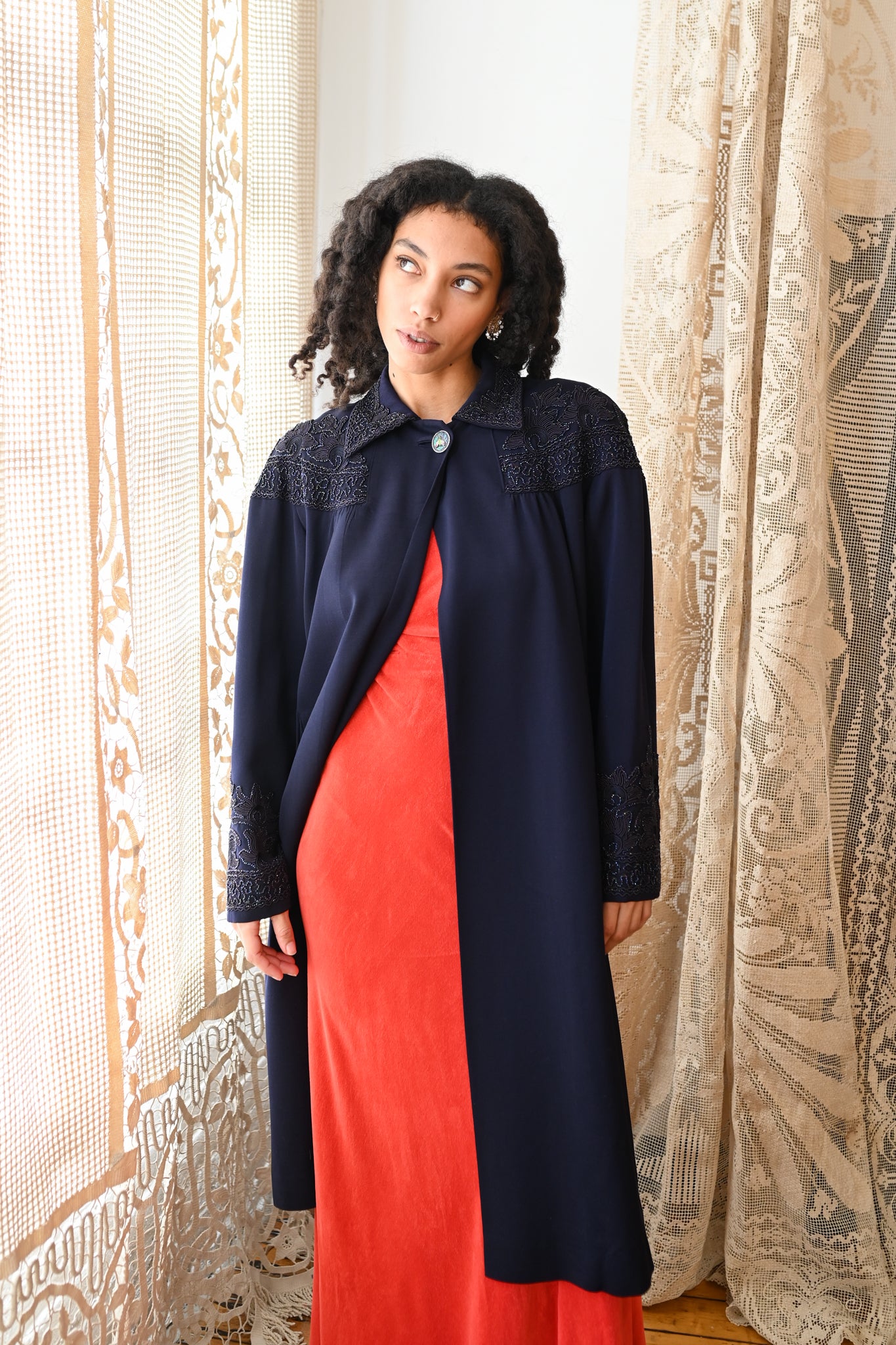 1940s Black Iris Beaded Soutache Swing Coat