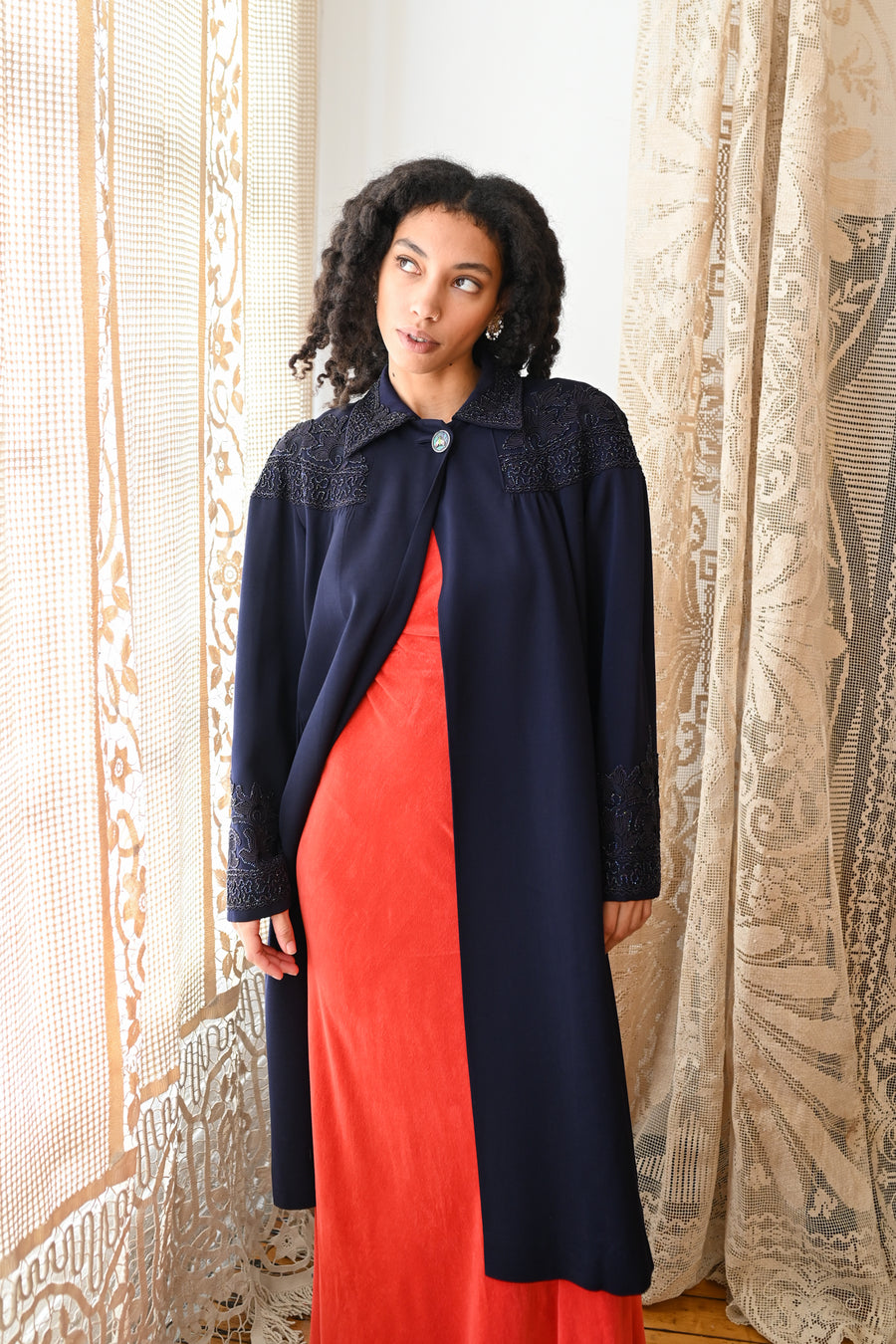 1940s Black Iris Beaded Soutache Swing Coat