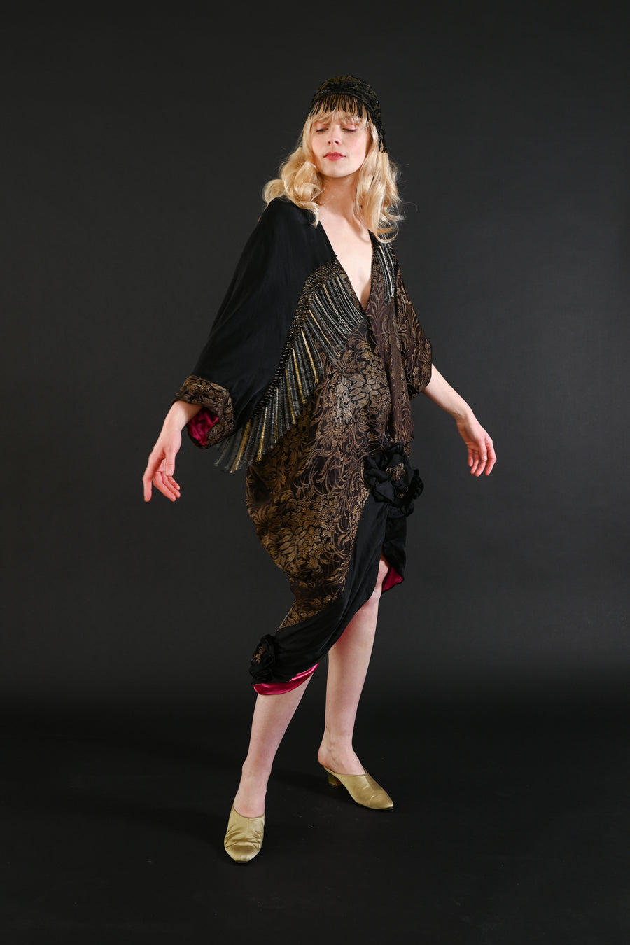 1910s Asymmetrical Beaded Fringe Lamé Opera Coat [sm/med/lrg]