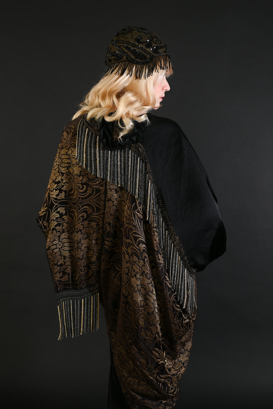 1910s Asymmetrical Beaded Fringe Lamé Opera Coat [sm/med/lrg]