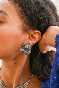 Midcentury Blue Rhinestone Dangle Clip Ons