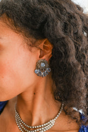 Midcentury Blue Rhinestone Dangle Clip Ons