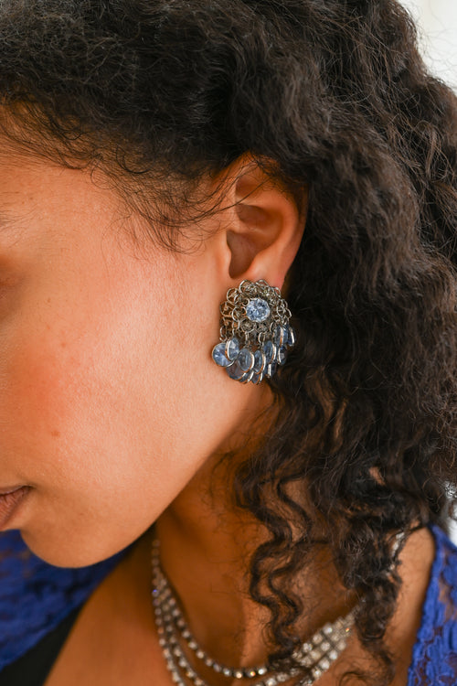 Midcentury Blue Rhinestone Dangle Clip Ons