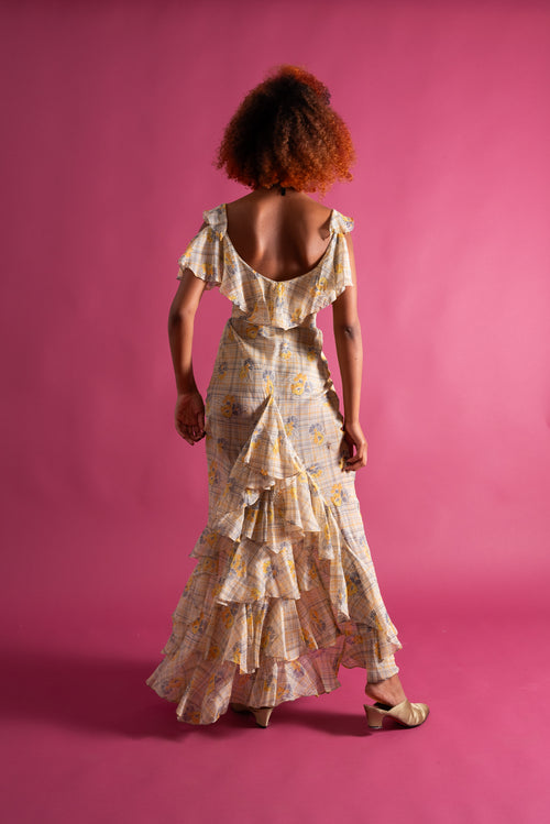 1930s Lemon Floral Bias Cut Ruffle Gown [xs/sm/med]