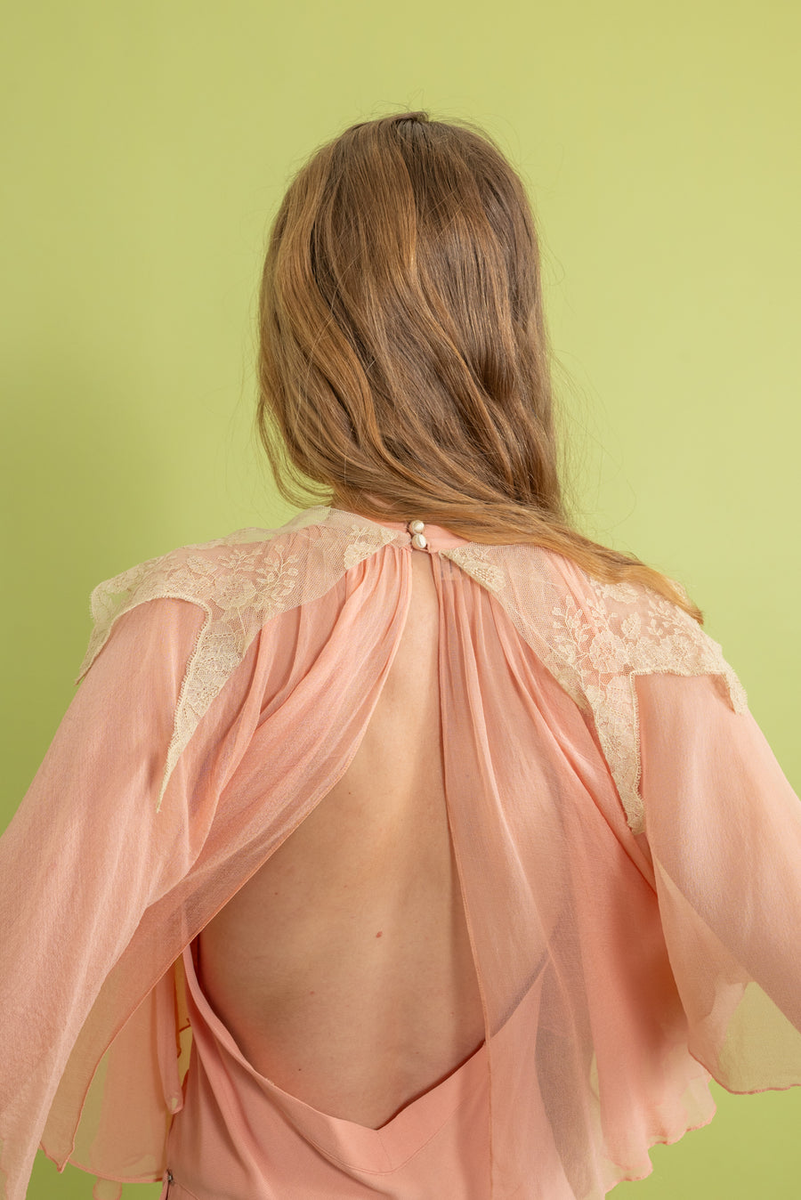 1930s Petal Pink Chiffon Halter Capelet Gown [xs/sm]