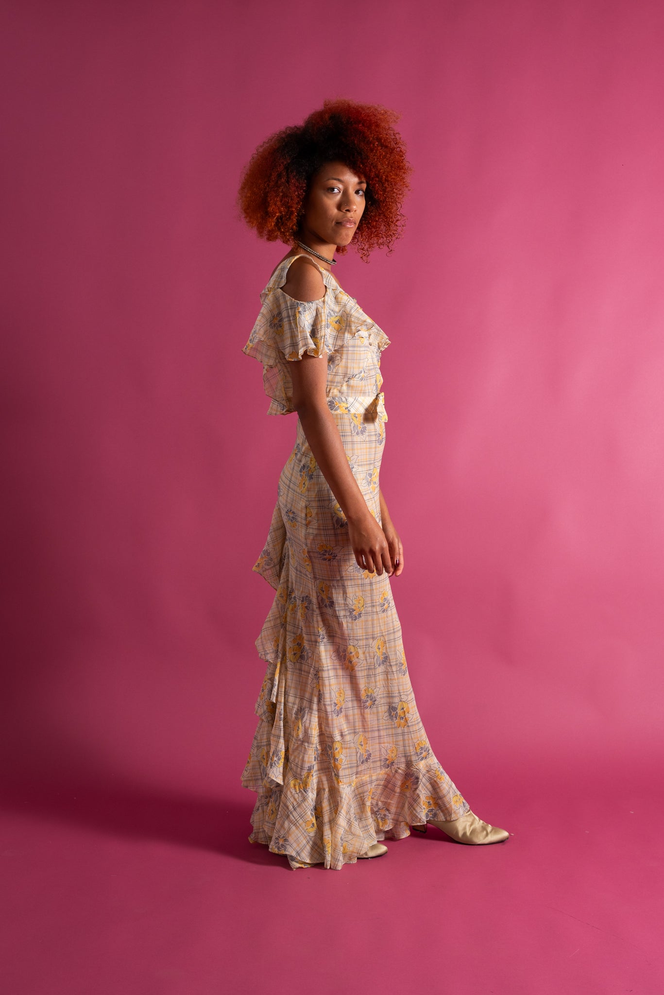 1930s Lemon Floral Bias Cut Ruffle Gown [xs/sm/med] – Demetra Vintage