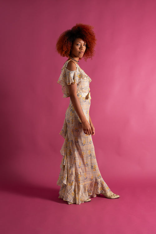 1930s Lemon Floral Bias Cut Ruffle Gown [xs/sm/med]