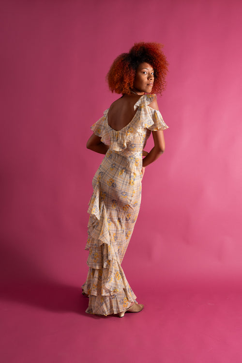 1930s Lemon Floral Bias Cut Ruffle Gown [xs/sm/med]