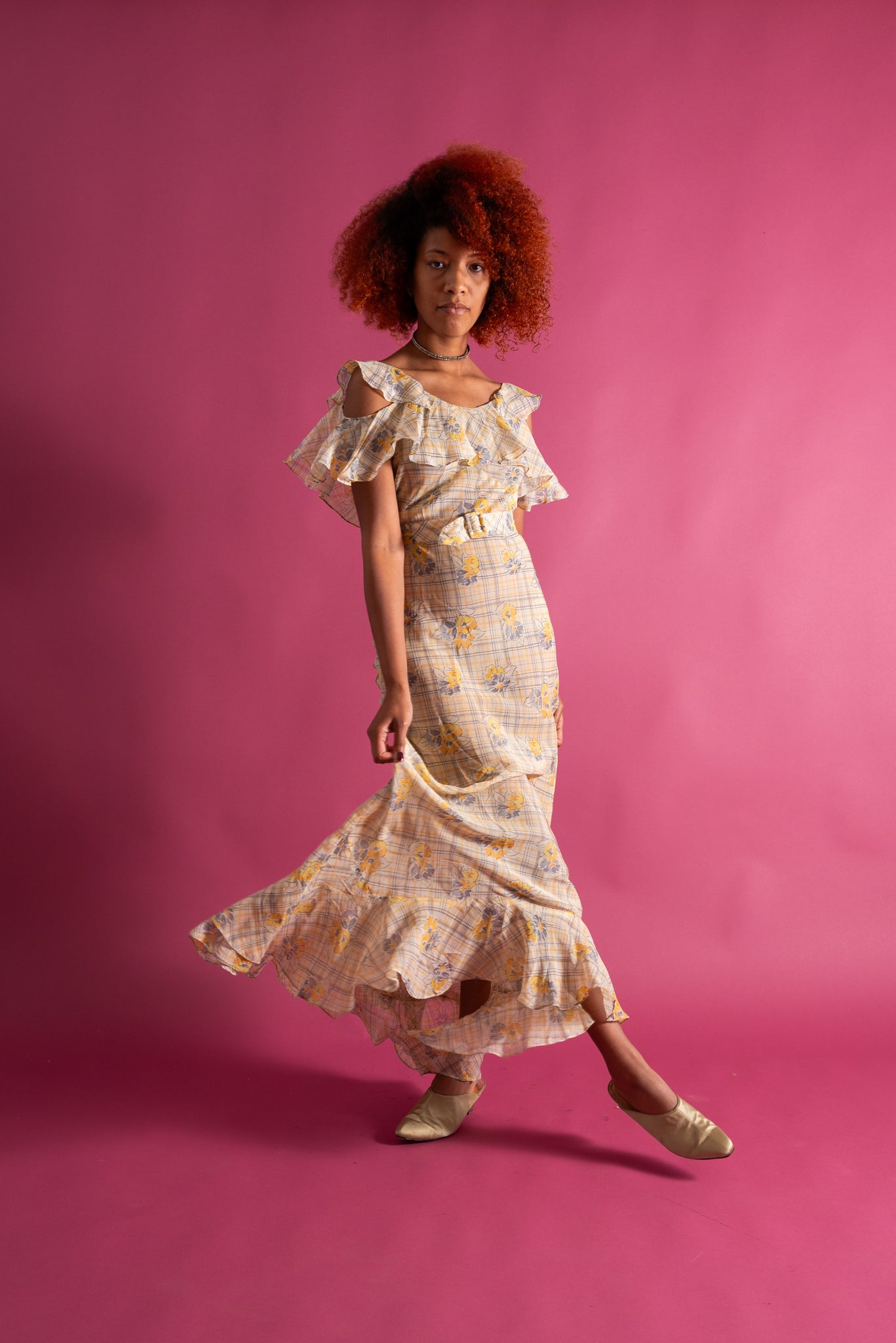 1930s Lemon Floral Bias Cut Ruffle Gown [xs/sm/med]