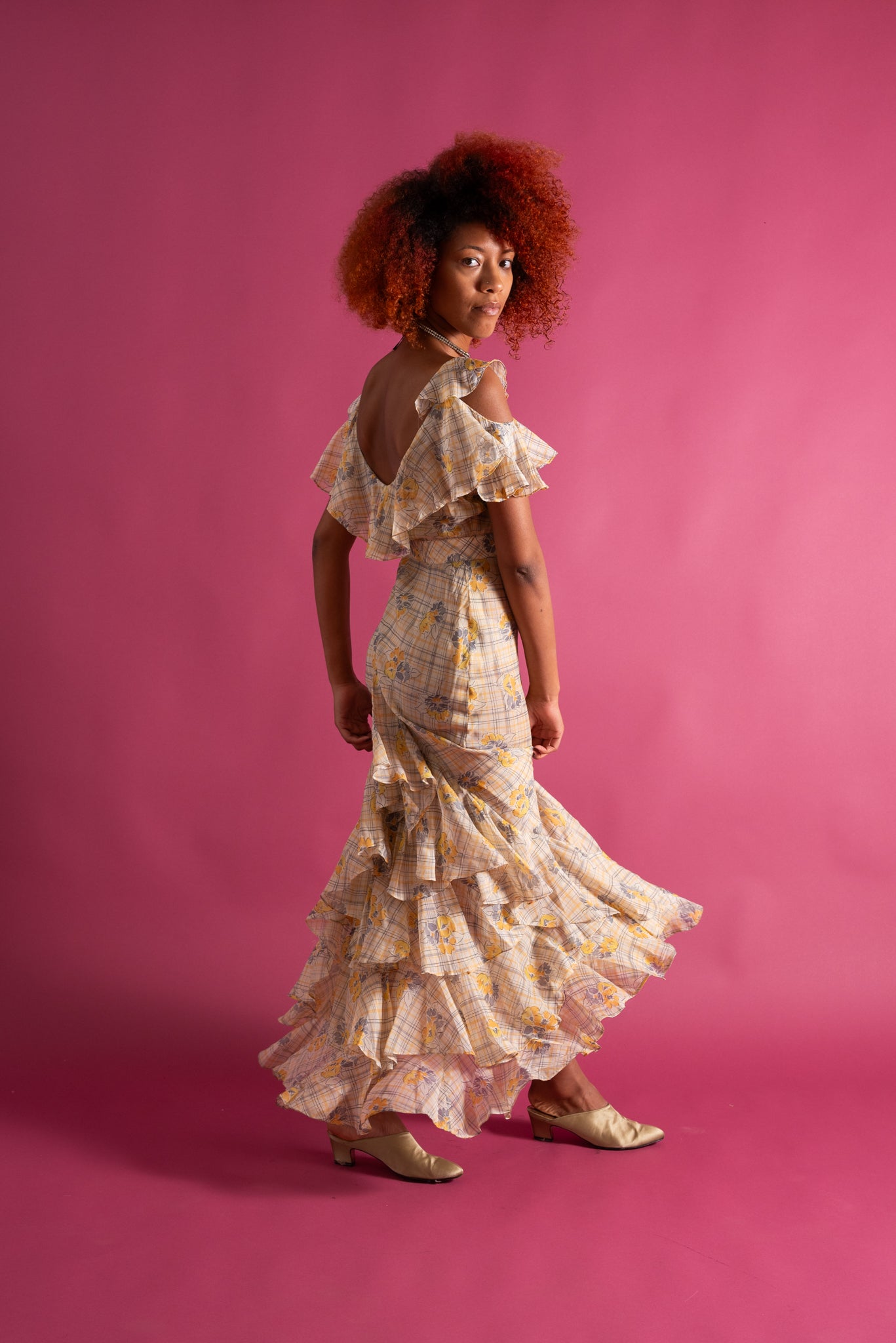 1930s Lemon Floral Bias Cut Ruffle Gown [xs/sm/med]