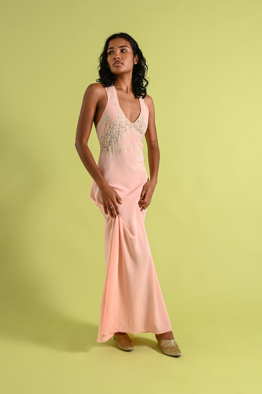 1930s Crinkle Silk Chiffon Bias Cut Gown [xs/sm]